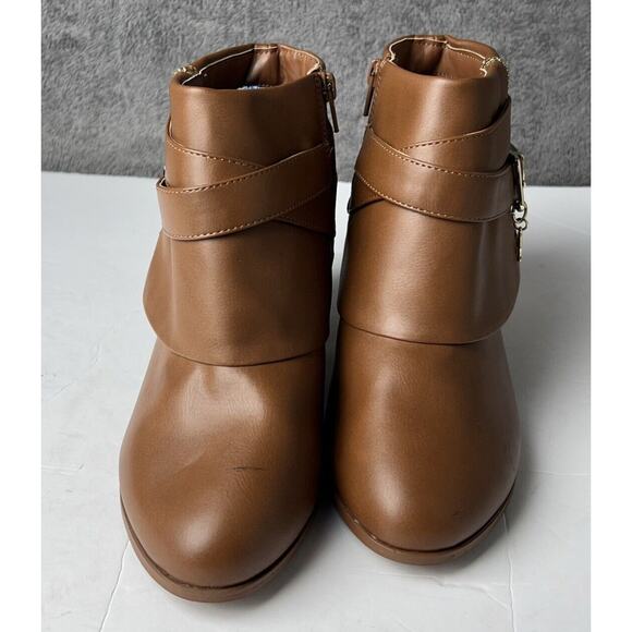 Thalia Sodi Women's 8.5 Ankle Boots Camel Wedge Heel 2" Zip Sides Straps - Picture 2 of 7